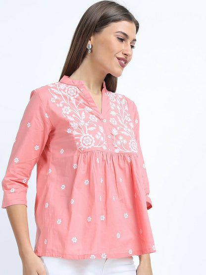 Women’s Pink Floral Mandarin Collar Top – Elegant & Stylish | Indiaista