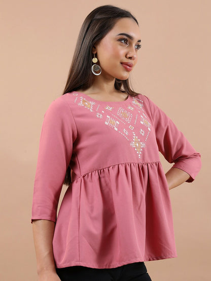 Women’s Pink Peplum Top – Ethnic Embroidered, Round Neck & 3/4 Sleeves | Indiaista