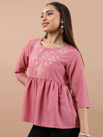 Women’s Pink Peplum Top – Ethnic Embroidered, Round Neck & 3/4 Sleeves | Indiaista