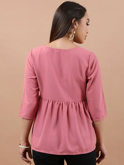 Women’s Pink Peplum Top – Ethnic Embroidered, Round Neck & 3/4 Sleeves | Indiaista