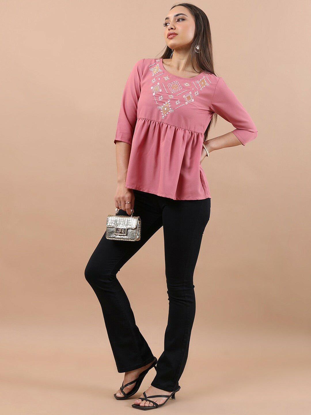 Women’s Pink Peplum Top – Ethnic Embroidered, Round Neck & 3/4 Sleeves | Indiaista