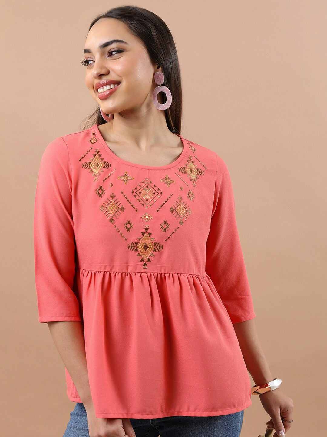 Coral & Gold Embroidered A-Line Top for Women – Ethnic Motif, Round Neck, 3/4 Sleeves | Indiaista