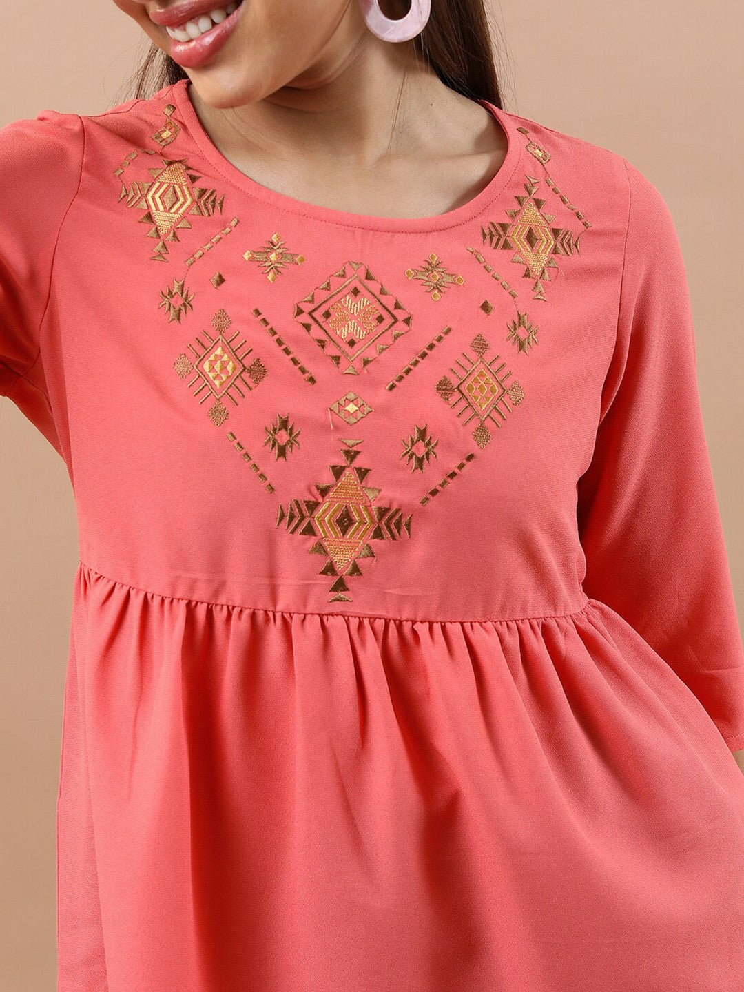 Coral & Gold Embroidered A-Line Top for Women – Ethnic Motif, Round Neck, 3/4 Sleeves | Indiaista