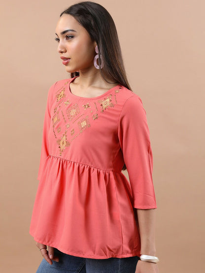 Coral & Gold Embroidered A-Line Top for Women – Ethnic Motif, Round Neck, 3/4 Sleeves | Indiaista