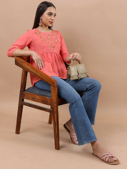 Coral & Gold Embroidered A-Line Top for Women – Ethnic Motif, Round Neck, 3/4 Sleeves | Indiaista