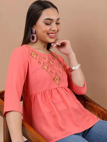 Coral & Gold Embroidered A-Line Top for Women – Ethnic Motif, Round Neck, 3/4 Sleeves | Indiaista