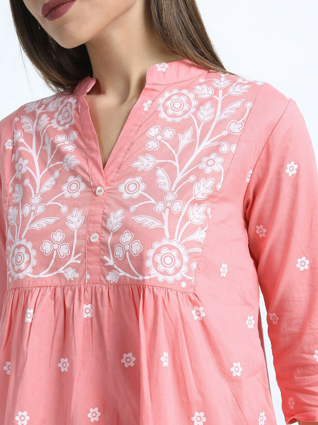 Women’s Pink Floral Mandarin Collar Top – Elegant & Stylish | Indiaista