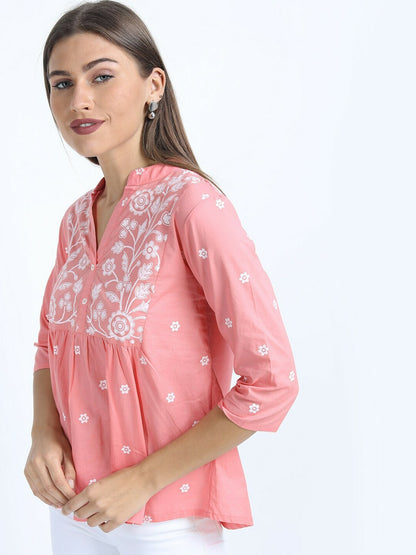 Women’s Pink Floral Mandarin Collar Top – Elegant & Stylish | Indiaista