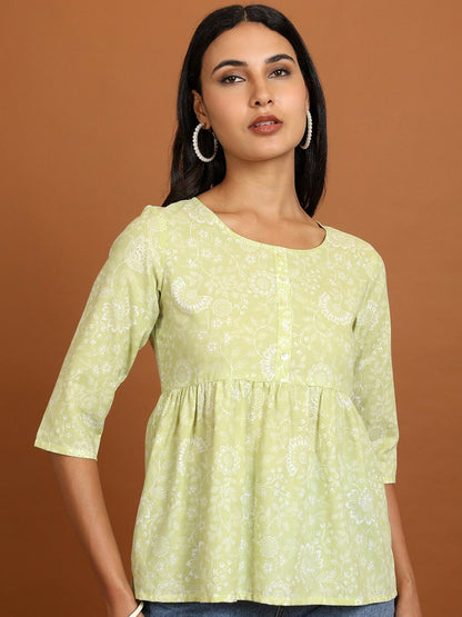 Green & White Floral Peplum Top for Women – Round Neck, 3/4 Sleeves, Stylish Casual Wear | Indiaista