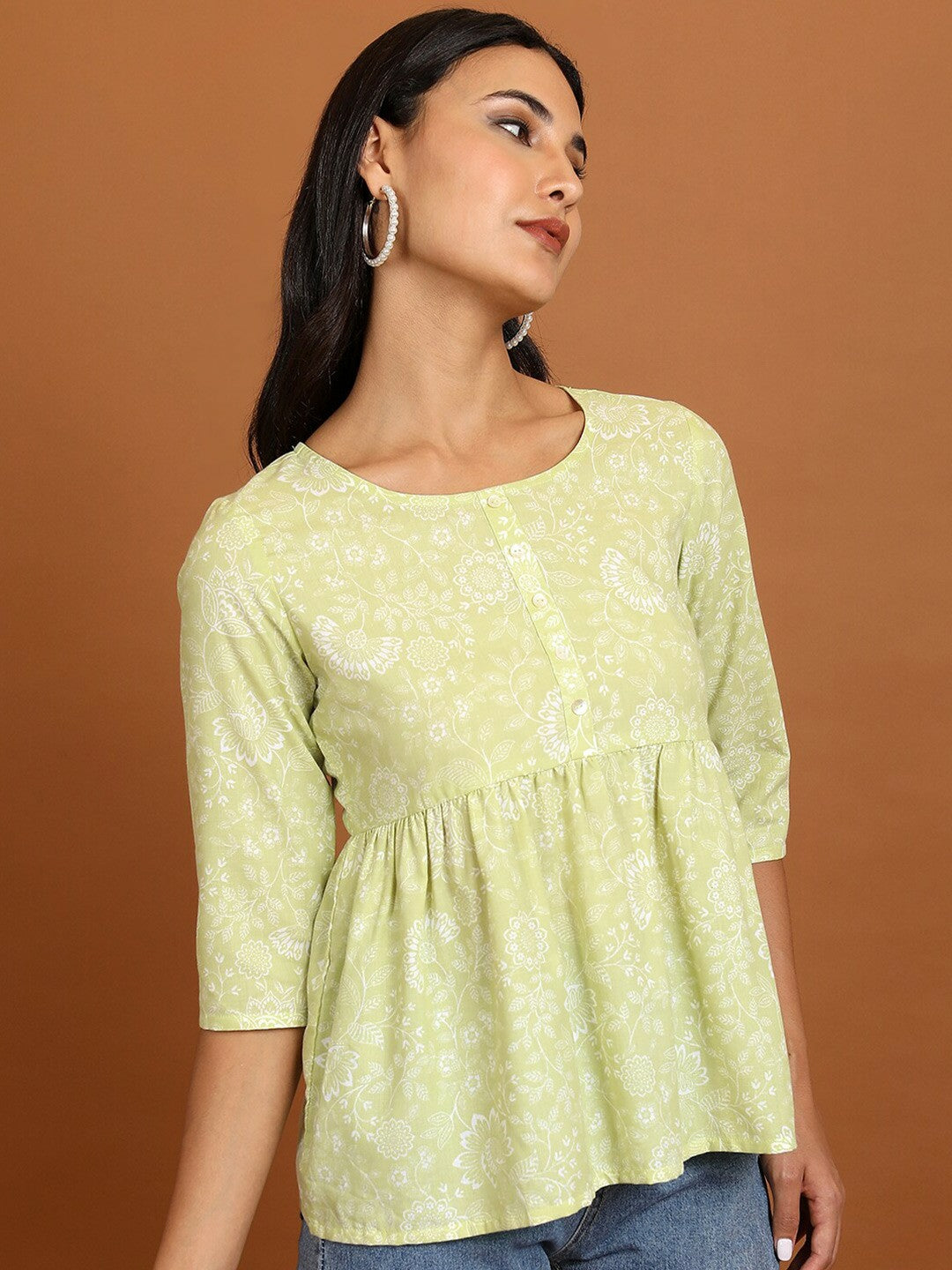 Green & White Floral Peplum Top for Women – Round Neck, 3/4 Sleeves, Stylish Casual Wear | Indiaista