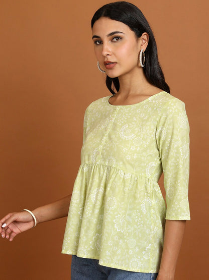 Green & White Floral Peplum Top for Women – Round Neck, 3/4 Sleeves, Stylish Casual Wear | Indiaista