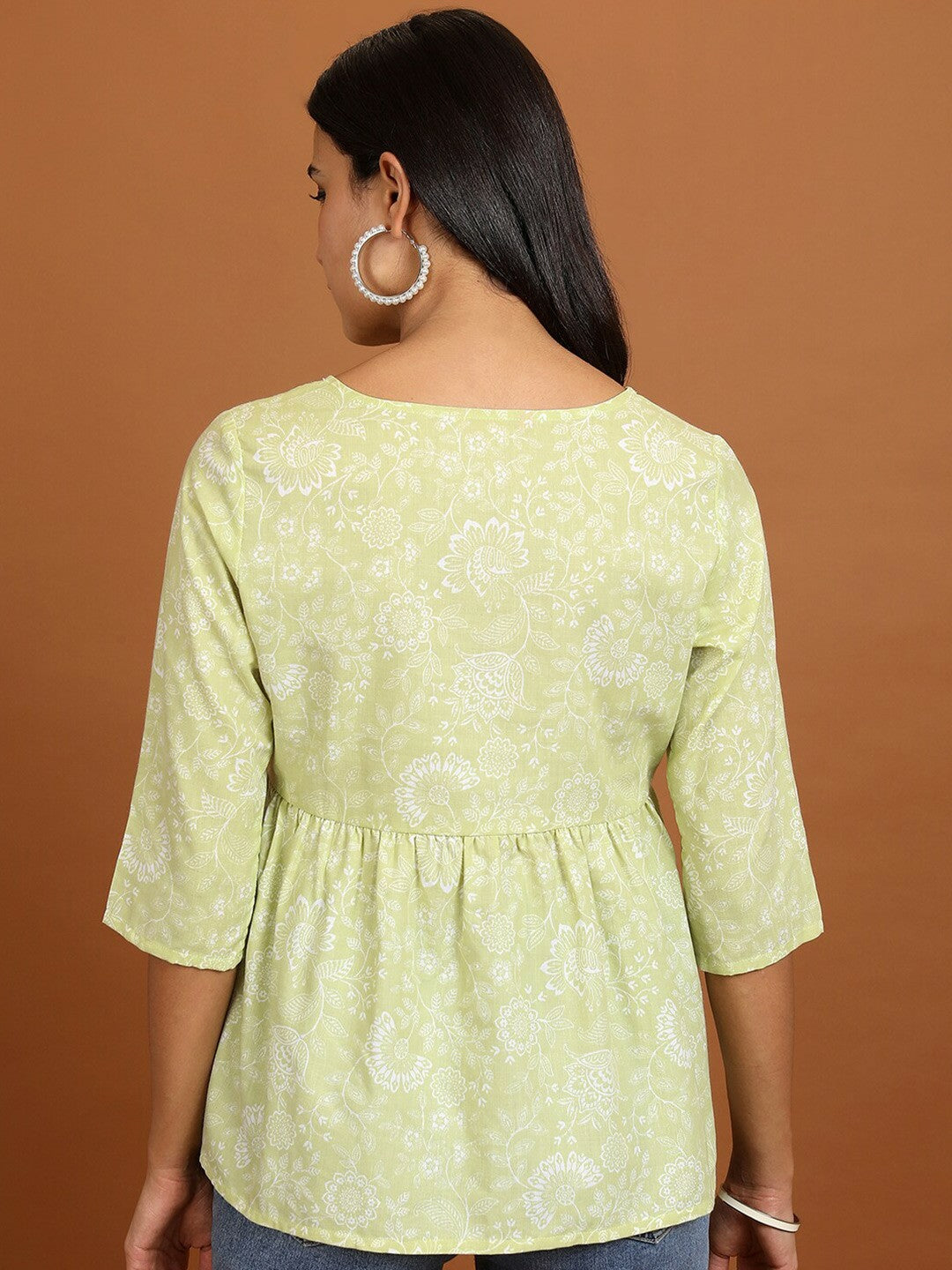 Green & White Floral Peplum Top for Women – Round Neck, 3/4 Sleeves, Stylish Casual Wear | Indiaista