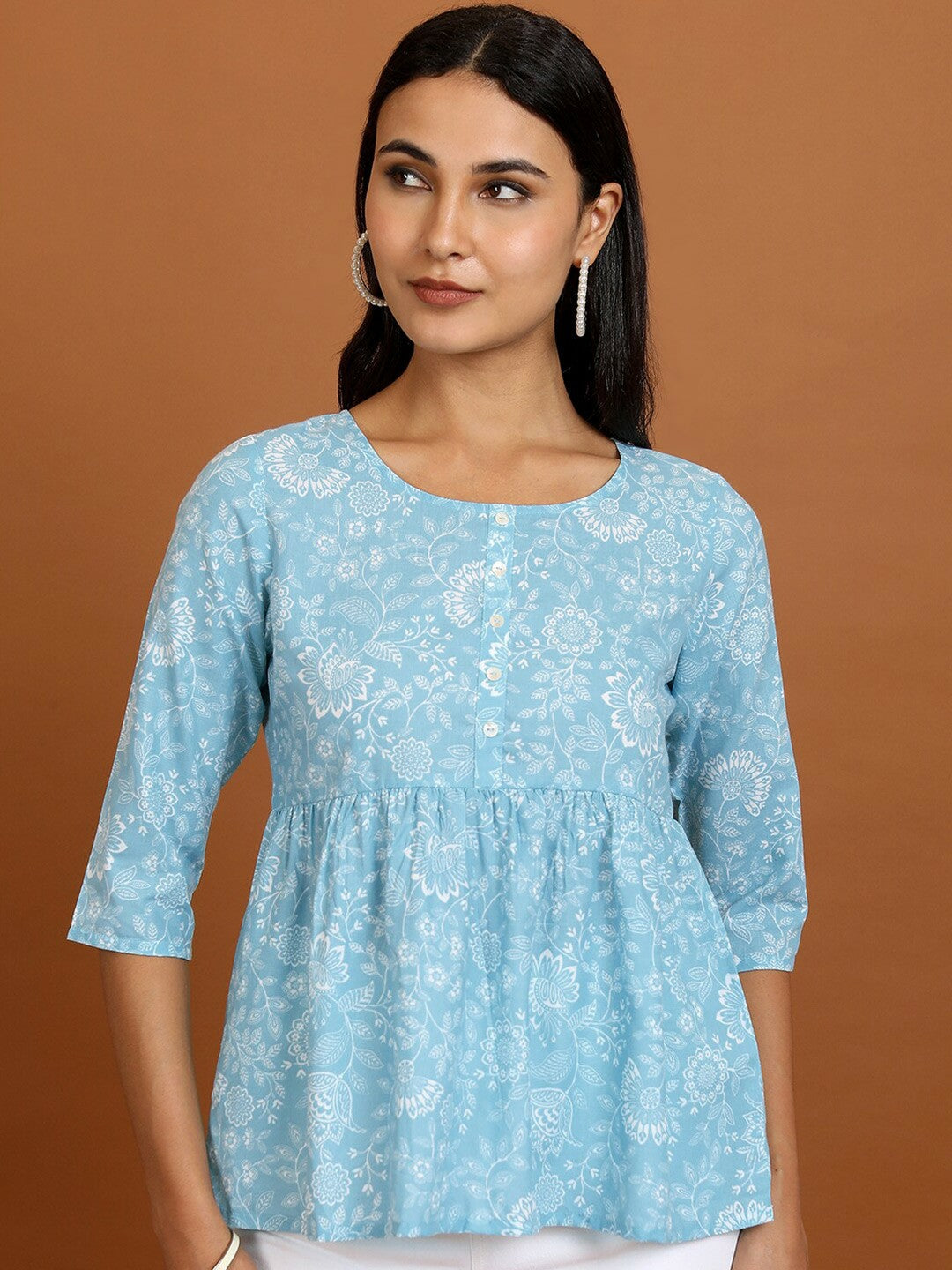 Blue & White Floral Printed Peplum Top for Women – Round Neck, 3/4 Sleeves | Indiaista