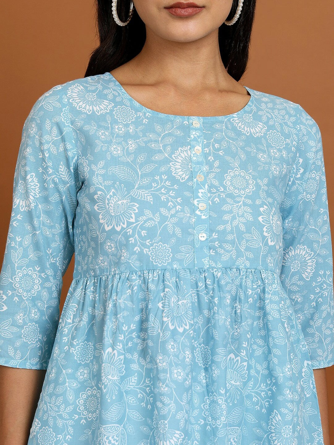 Blue & White Floral Printed Peplum Top for Women – Round Neck, 3/4 Sleeves | Indiaista