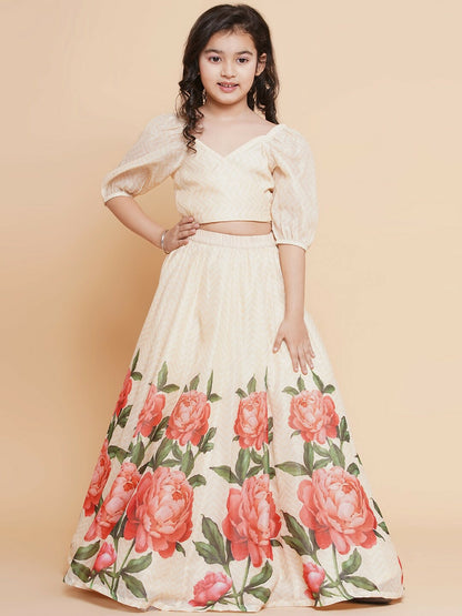 Buy Girls Floral Printed Ready to Wear Lehenga Choli - Beige & Red | Indiaista