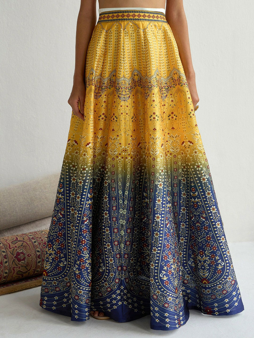 Handmade Yellow & Blue Printed Lehenga Choli – Bollywood Wedding, Bridal & Bridesmaid Wear | Indiaista