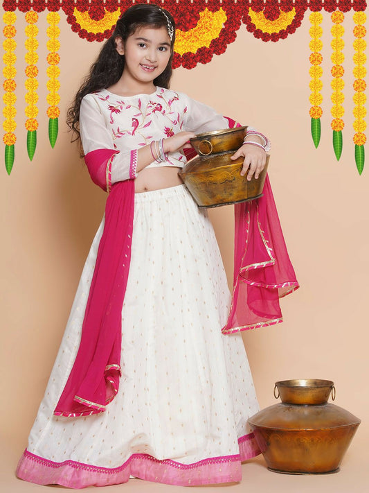 Buy Girls Embroidered Ready-to-Wear Lehenga Choli with Dupatta – White & Pink | Indiaista