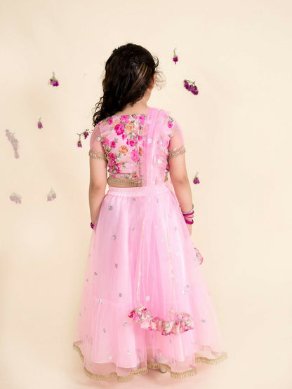 Buy Girls Pink & Orange Embellished Lehenga Choli with Dupatta - Indiaista