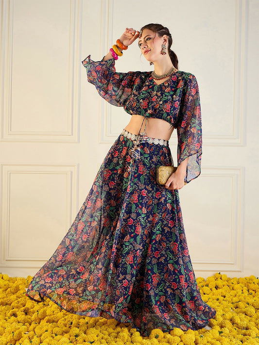 Handmade Navy Blue, Green & Pink Printed Lehenga Choli – Bollywood Wedding, Bridal & Bridesmaid Wear | Indiaista