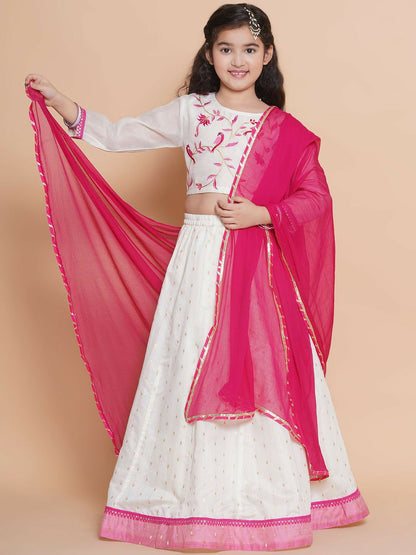 Buy Girls Embroidered Ready-to-Wear Lehenga Choli with Dupatta – White & Pink | Indiaista