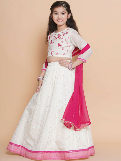 Buy Girls Embroidered Ready-to-Wear Lehenga Choli with Dupatta – White & Pink | Indiaista