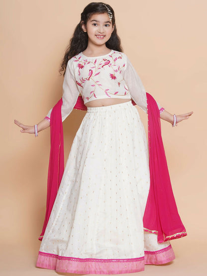 Buy Girls Embroidered Ready-to-Wear Lehenga Choli with Dupatta – White & Pink | Indiaista