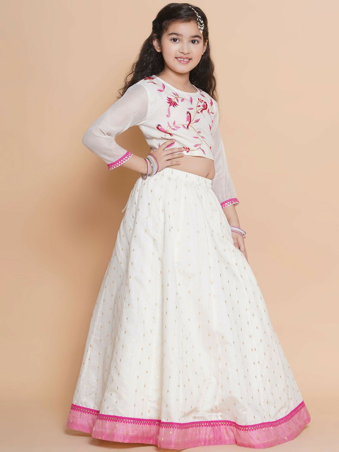 Buy Girls Embroidered Ready-to-Wear Lehenga Choli with Dupatta – White & Pink | Indiaista