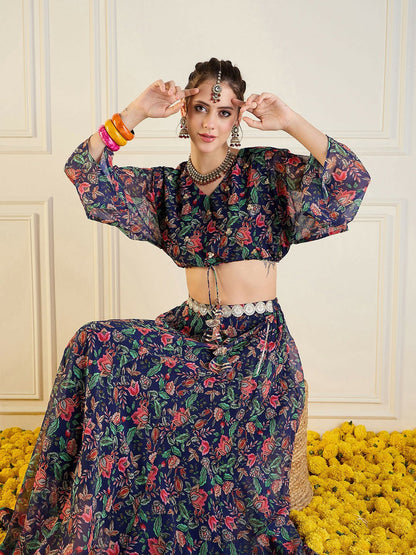 Handmade Navy Blue, Green & Pink Printed Lehenga Choli – Bollywood Wedding, Bridal & Bridesmaid Wear | Indiaista