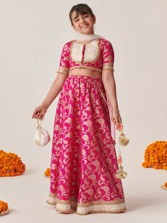 Buy Magenta & Gold-Toned Girls Printed Lehenga Choli with Dupatta – Indiaista