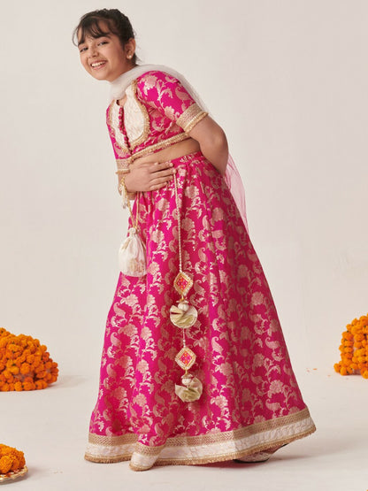 Buy Magenta & Gold-Toned Girls Printed Lehenga Choli with Dupatta – Indiaista