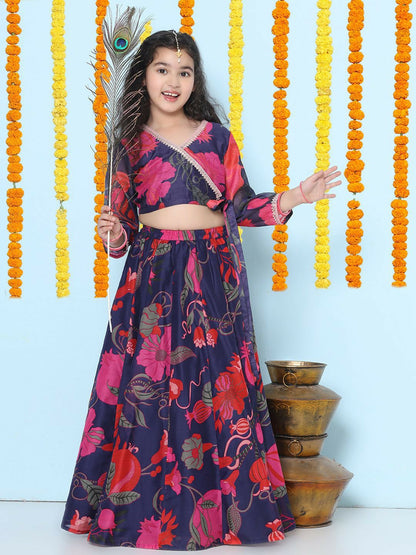 Buy Girls Floral Printed Gotta Patti Lehenga Choli – Purple & Pink | Indiaista