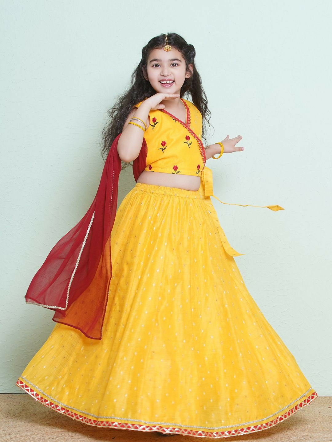 Buy Yellow & Red Embroidered Girls Lehenga Choli with Dupatta – Indiaista