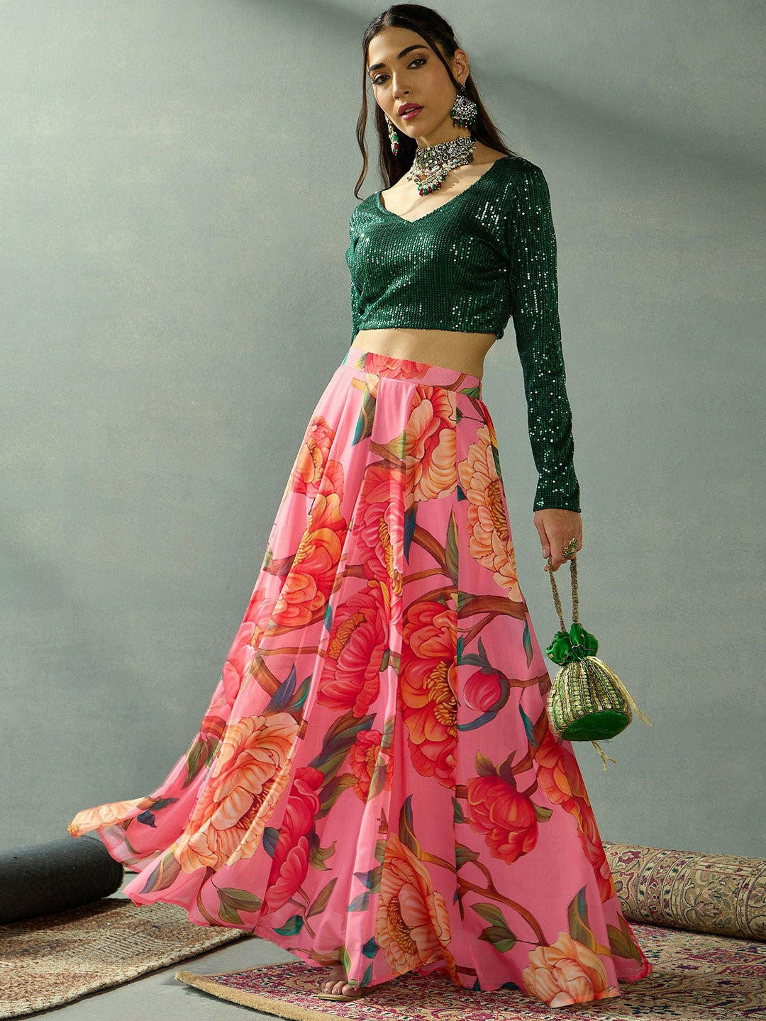 Handmade Green & Pink Embellished Lehenga Choli – Bollywood Bridal, Wedding & Bridesmaid Wear | Indiaista