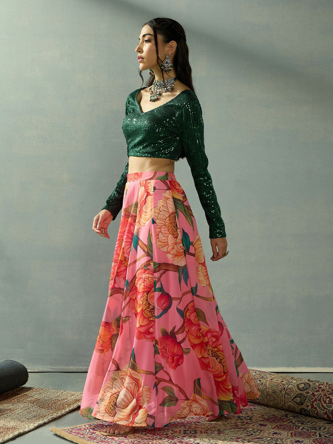 Handmade Green & Pink Embellished Lehenga Choli – Bollywood Bridal, Wedding & Bridesmaid Wear | Indiaista