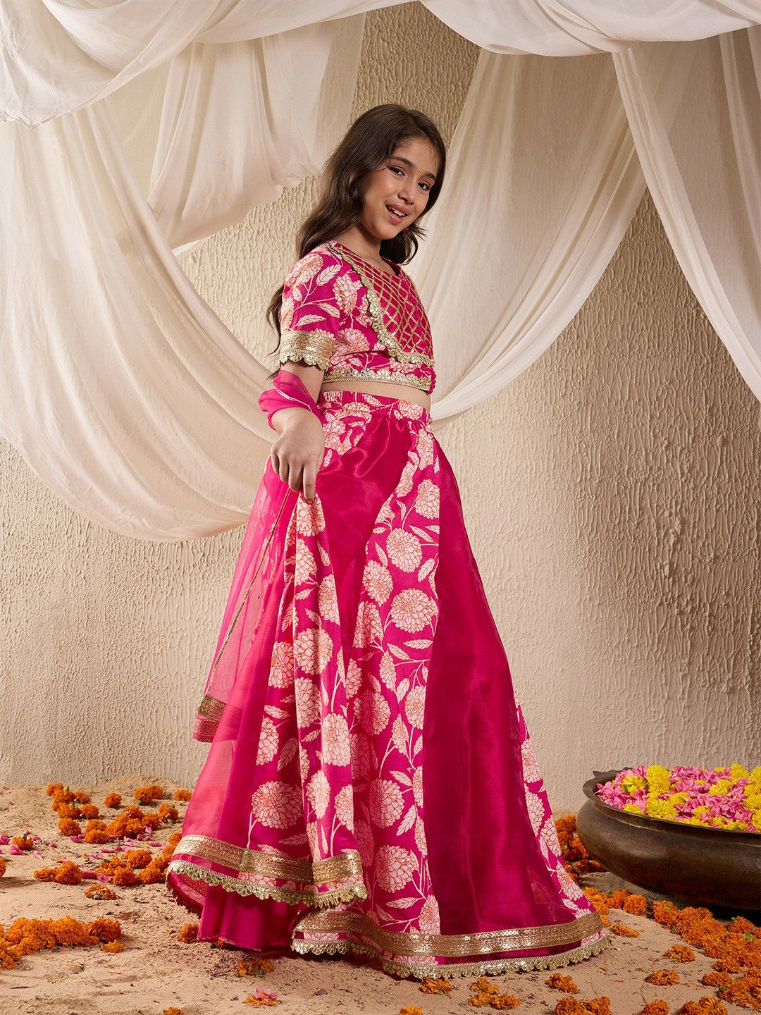 Buy Magenta & Gold-Toned Girls Printed Lehenga Choli with Dupatta – Indiaista