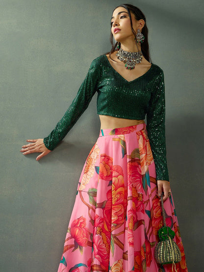 Handmade Green & Pink Embellished Lehenga Choli – Bollywood Bridal, Wedding & Bridesmaid Wear | Indiaista