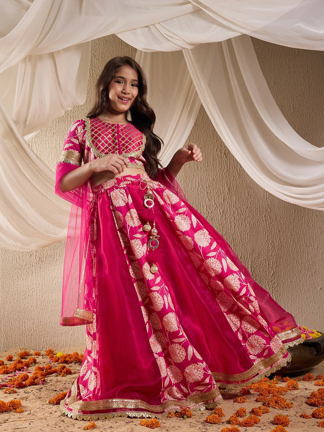 Buy Magenta & Gold-Toned Girls Printed Lehenga Choli with Dupatta – Indiaista