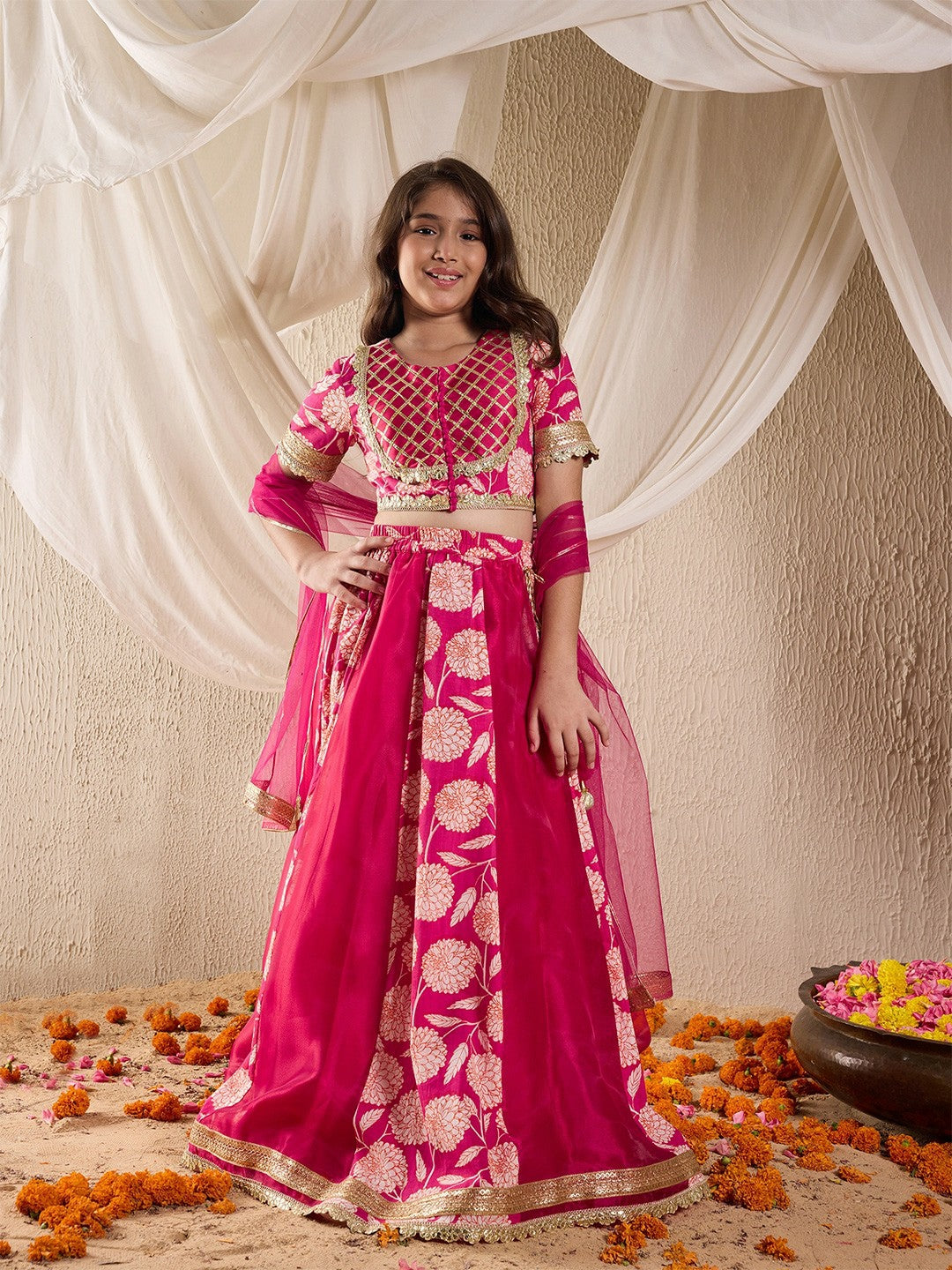 Buy Magenta & Gold-Toned Girls Printed Lehenga Choli with Dupatta – Indiaista