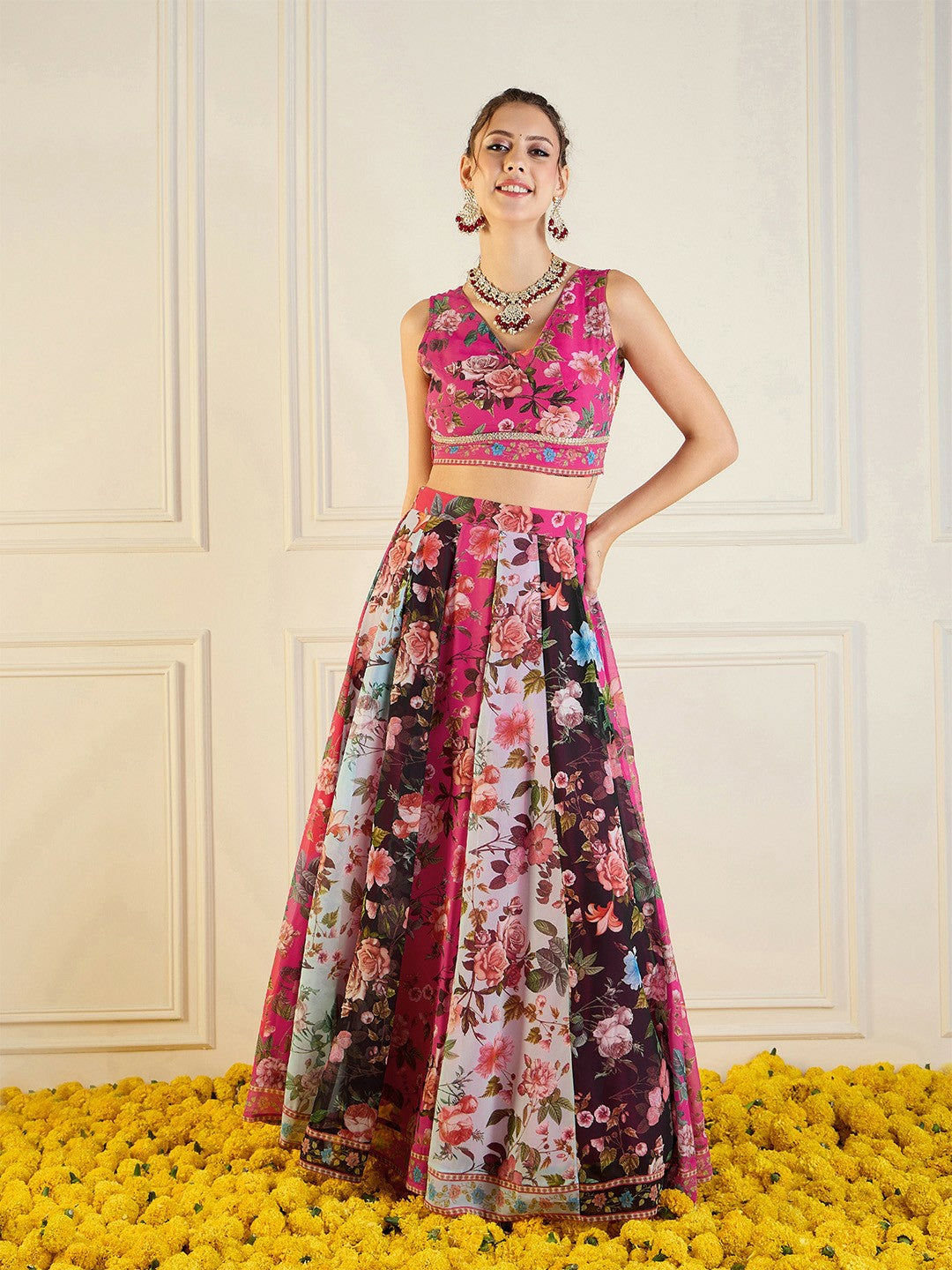 Fuchsia & Burgundy Printed Lehenga Choli – Bollywood Bridal, Bridesmaid & Wedding Wear | Handmade Indian Pakistani Outfit | Indiaista