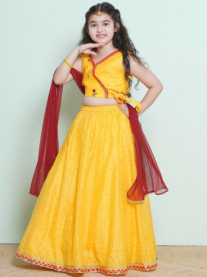 Buy Yellow & Red Embroidered Girls Lehenga Choli with Dupatta – Indiaista