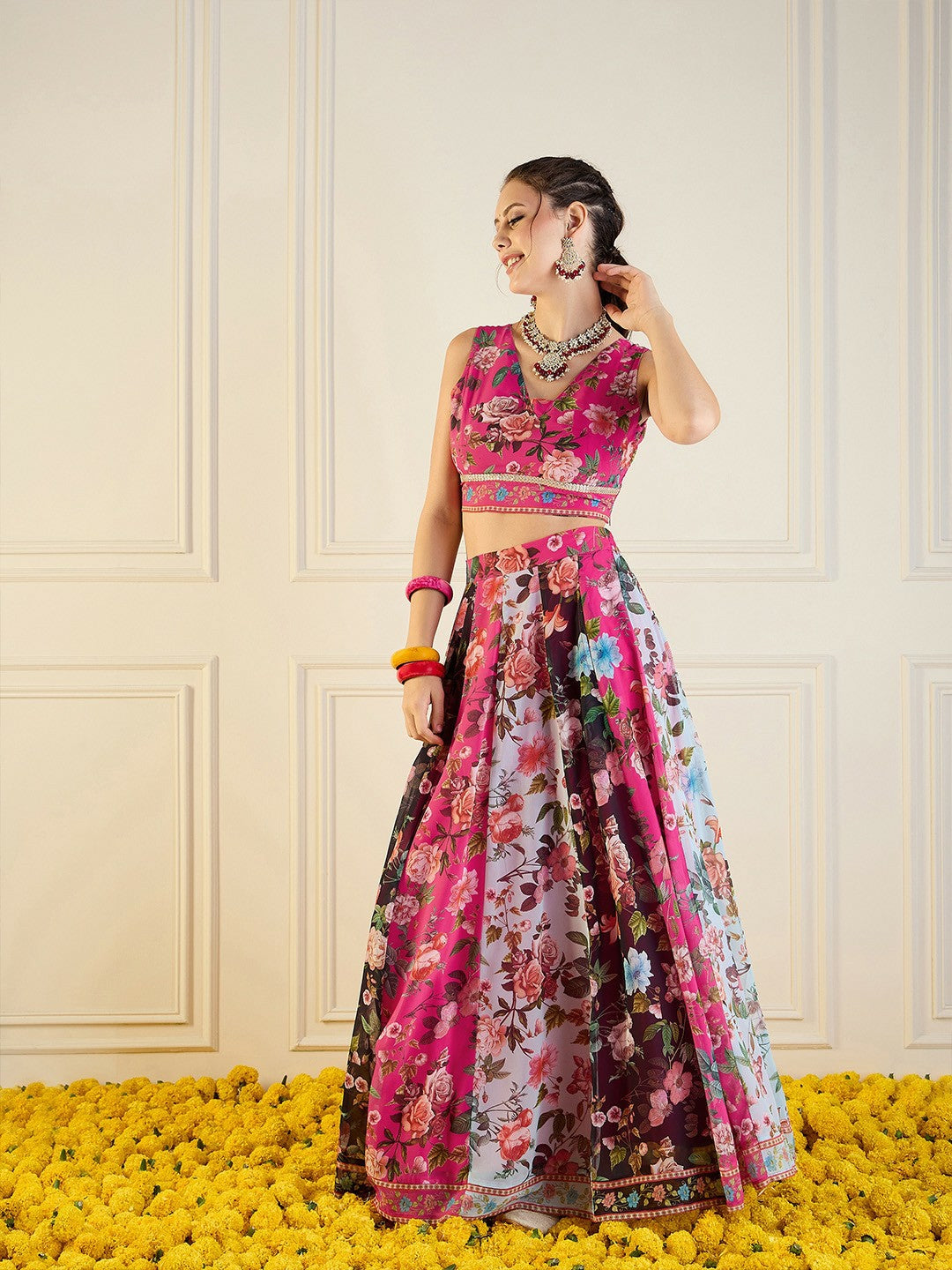 Fuchsia & Burgundy Printed Lehenga Choli – Bollywood Bridal, Bridesmaid & Wedding Wear | Handmade Indian Pakistani Outfit | Indiaista