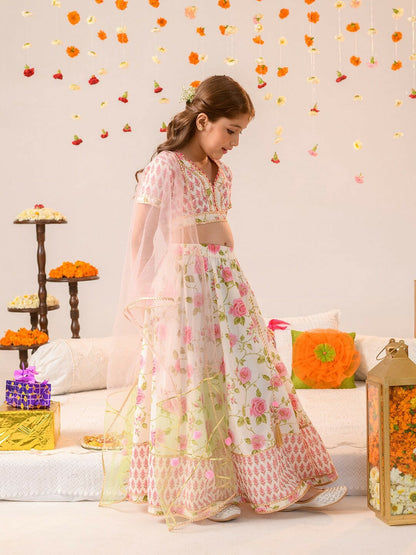 Buy Girls Printed Gotta Patti Lehenga Choli with Dupatta - Off White & Green | Indiaista