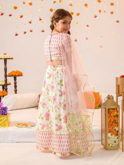 Buy Girls Printed Gotta Patti Lehenga Choli with Dupatta - Off White & Green | Indiaista