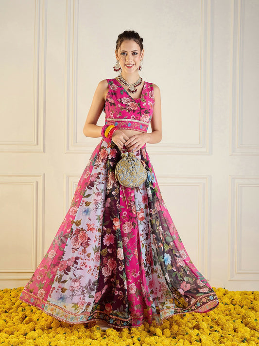 Fuchsia & Burgundy Printed Lehenga Choli – Bollywood Bridal, Bridesmaid & Wedding Wear | Handmade Indian Pakistani Outfit | Indiaista