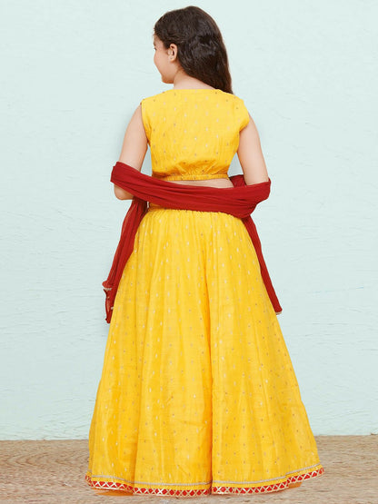 Buy Yellow & Red Embroidered Girls Lehenga Choli with Dupatta – Indiaista