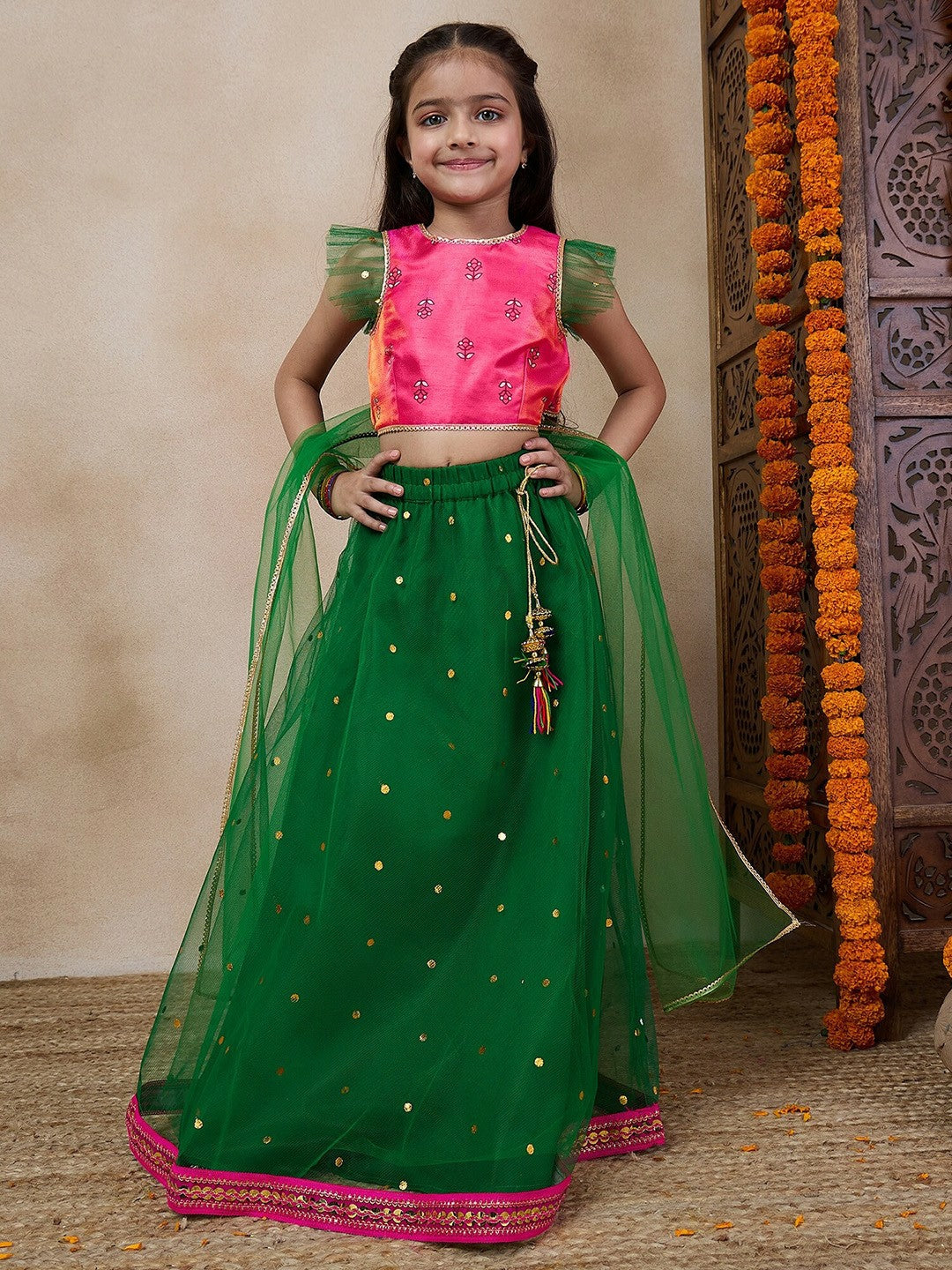 Buy Green & Pink Printed Girls Lehenga Choli with Dupatta – Indiaista