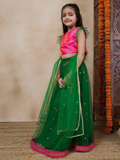 Buy Green & Pink Printed Girls Lehenga Choli with Dupatta – Indiaista