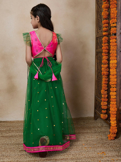 Buy Green & Pink Printed Girls Lehenga Choli with Dupatta – Indiaista