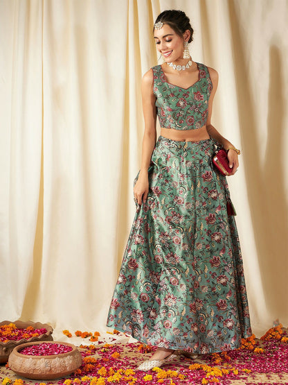 Olive Green & Pink Floral Printed Lehenga Choli – Bollywood Wedding, Bridal & Bridesmaid Wear | Handmade Indian Pakistani Outfit