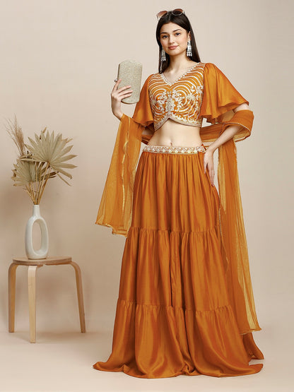 Orange & Gold Embroidered Lehenga Choli with Dupatta – Bollywood Wedding & Bridal Wear | Indiaista